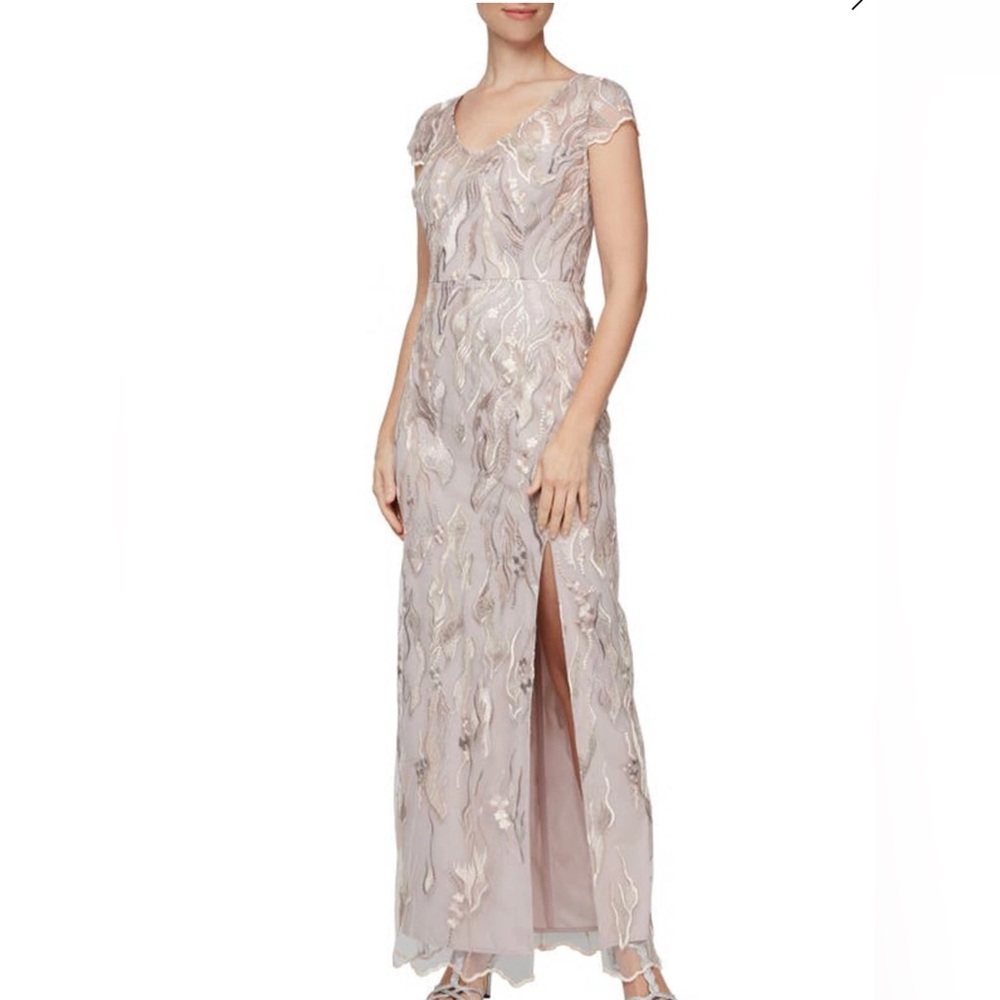 NWOT Alex & Eve Rose Gold Embroidered V Neck Dress (with flaws) - Size 10